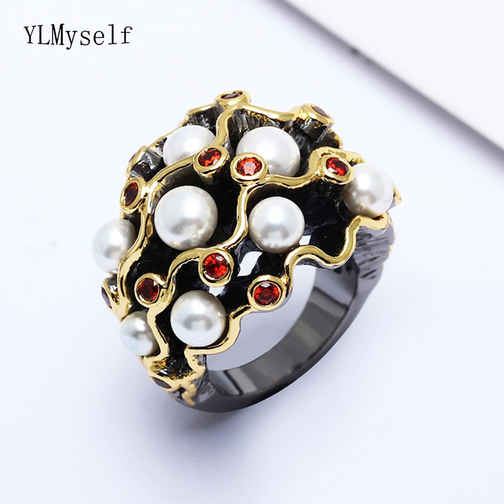 New curve design rings trendy jewelry fast shipping large stock fashion black gold plate siam crystal white pearl finger ring