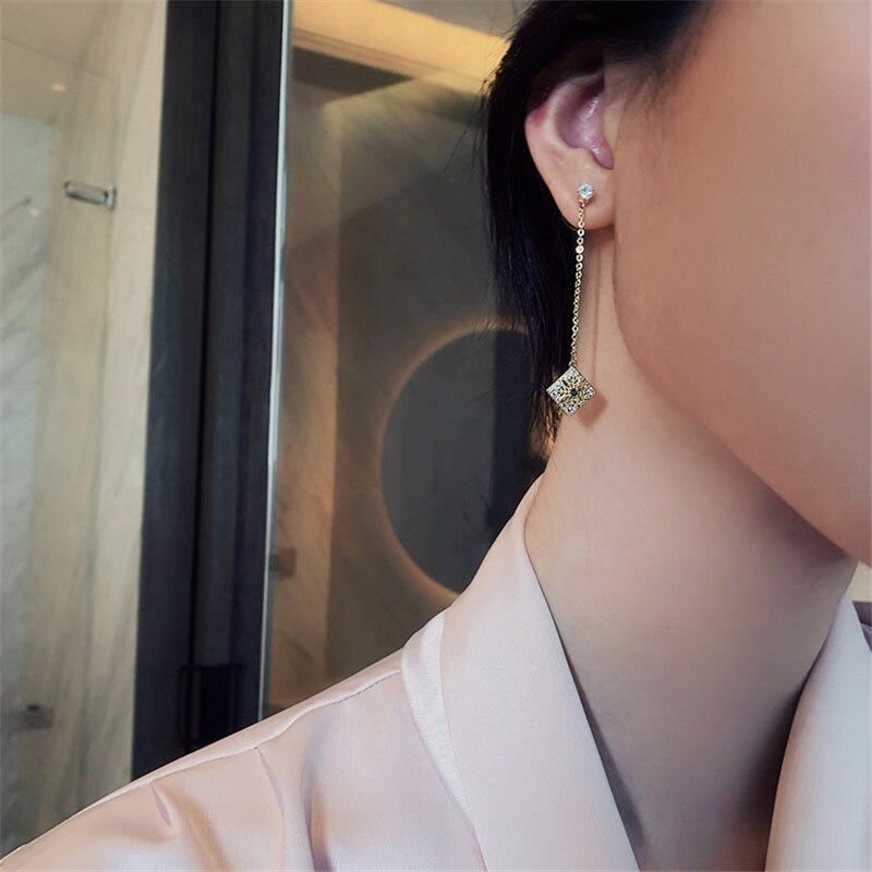 design jewelry retro hollow alloy drop earrings long delicate inlaid green crystal pendant party earrings for women
