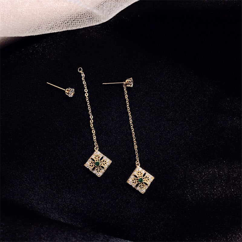 design jewelry retro hollow alloy drop earrings long delicate inlaid green crystal pendant party earrings for women