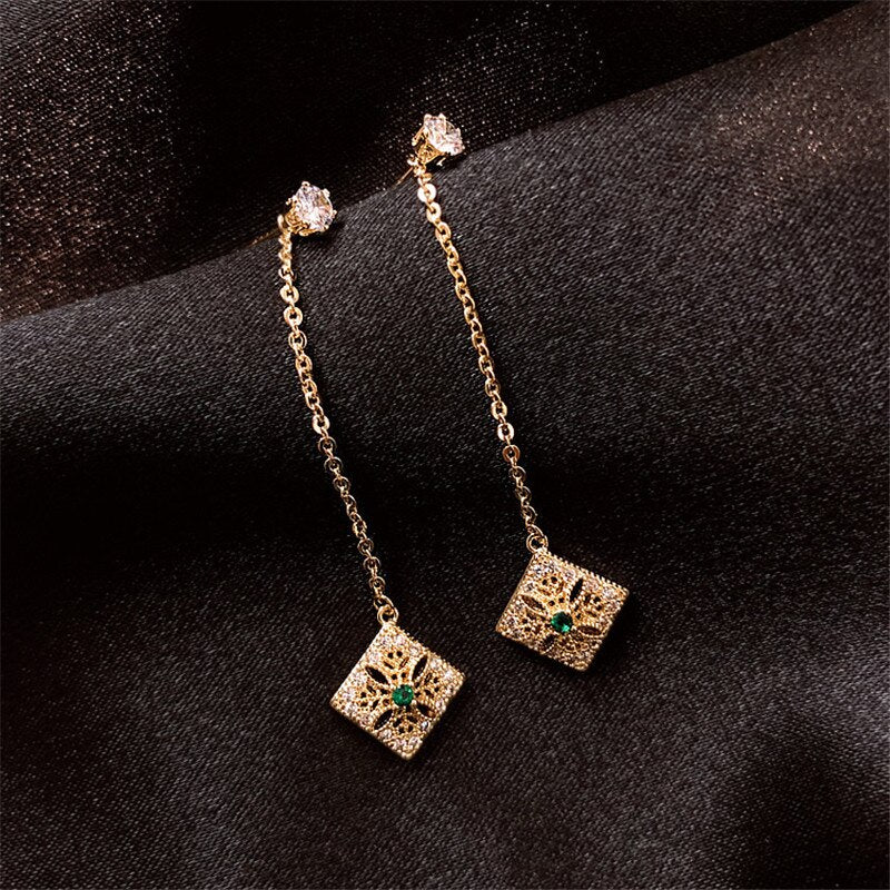design jewelry retro hollow alloy drop earrings long delicate inlaid green crystal pendant party earrings for women
