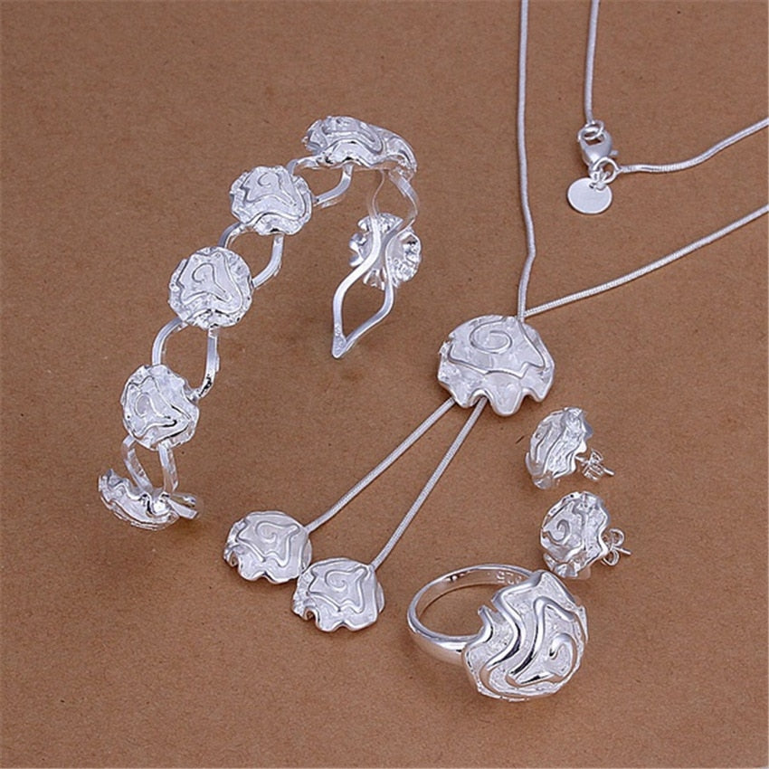 korean Pretty rose flower 925 sterling Silver bangle ring Bracelet necklace earring Jewelry set for women Party gift