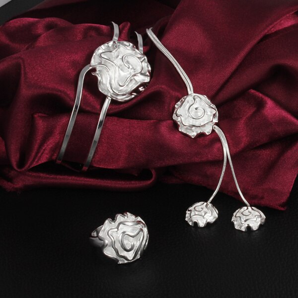 streetwear women 925 sterling Silver beautiful rose flower necklaces bangle rings Jewelry set Party wedding gifts