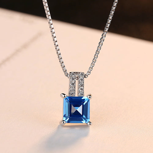 Luxury Sky-blue Gemstone Squared Pendant Necklace plated 925 Sterling Silver Jewelry For Women Fashion Daily-life