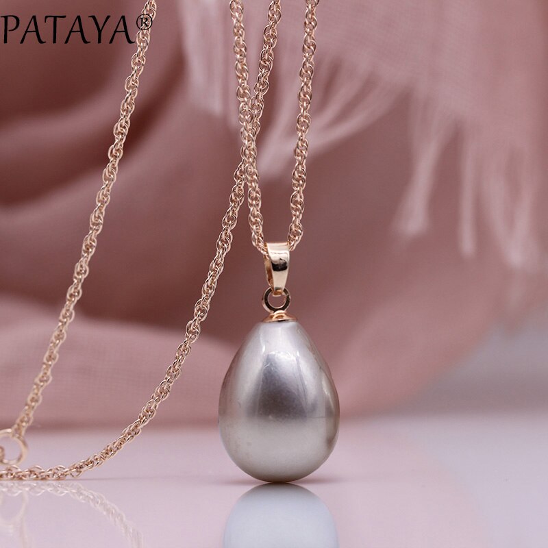 PATAYA 328 Anniversary Water Drop Long Necklace Women Jewelry 585 Rose Gold Wedding Fine Cute Shell Pearls Pendants