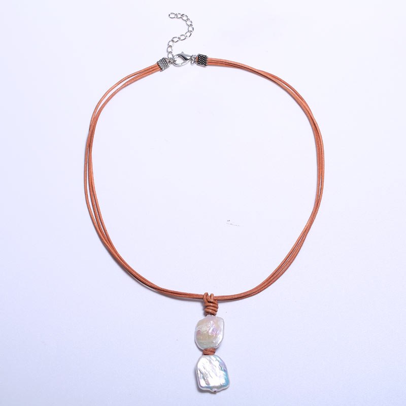 Pearl Necklace Pearl Leather Rope Square Size 16 -17 mm