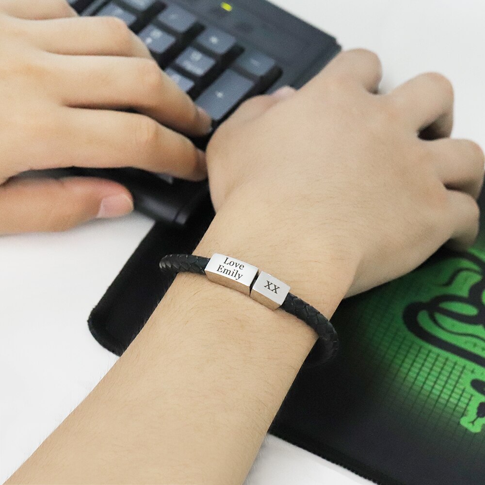 Personalized Lack Braided Genuine Leather Bracelet Wrist Cuff With Magnetic Clasp  Name Engraved For Men Customized ID Bracelet