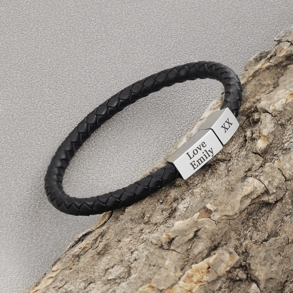 Personalized Lack Braided Genuine Leather Bracelet Wrist Cuff With Magnetic Clasp  Name Engraved For Men Customized ID Bracelet