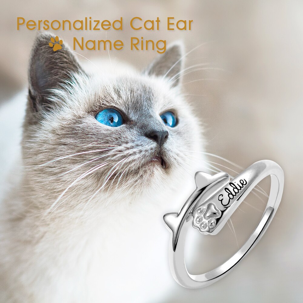 Personalized Pet Lover Jewelry Adjustable Ring Cute Cat Ears Paw Shape