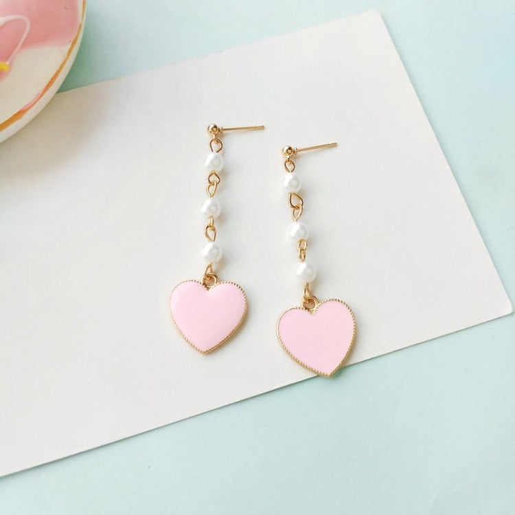 Pink Heart Long Stud Earrings Women Artificial Pearls Fashion Brand Tiff Design Earrings Rose Gold Color Weddings Jewelry Gifts