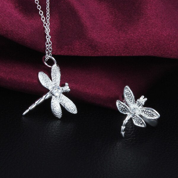 Popular brands  Women Party wedding Jewelry set 925 Sterling Silver Crystal dragonfly pendant necklace rings gifts