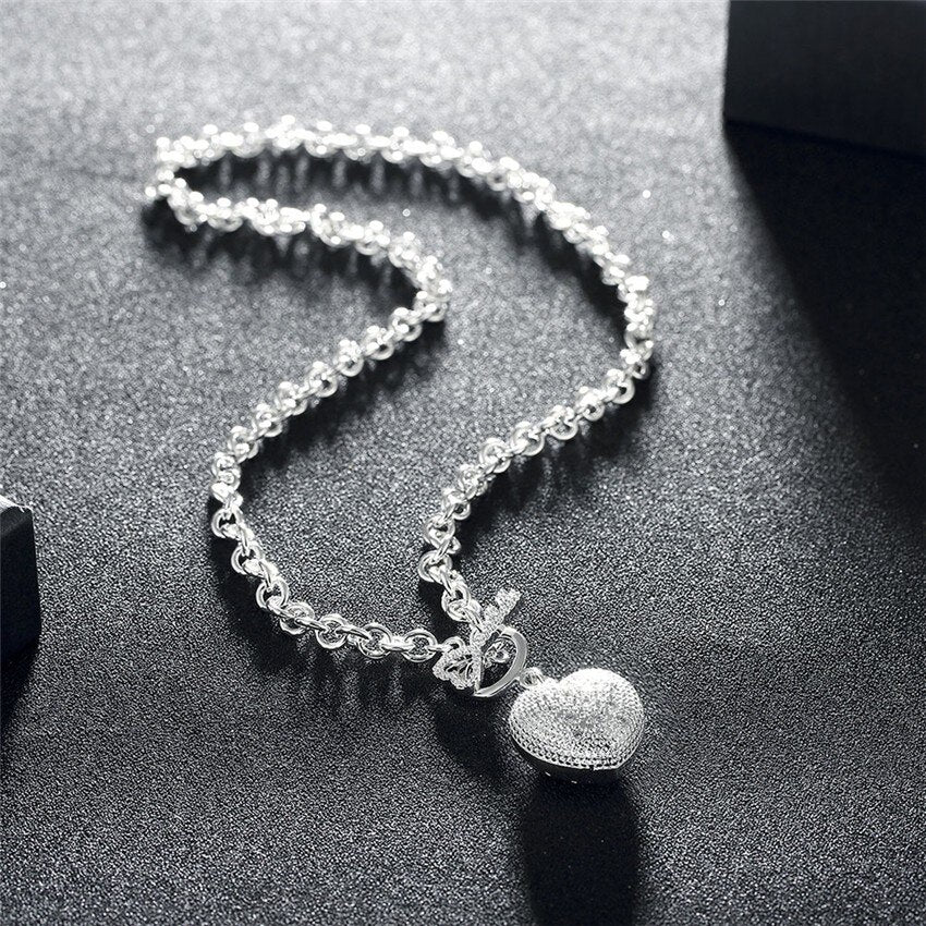 Pretty fine Crystal romantic Heart Key 925 Stamped Silver necklace for women Christmas gifts party wedding Jewelry