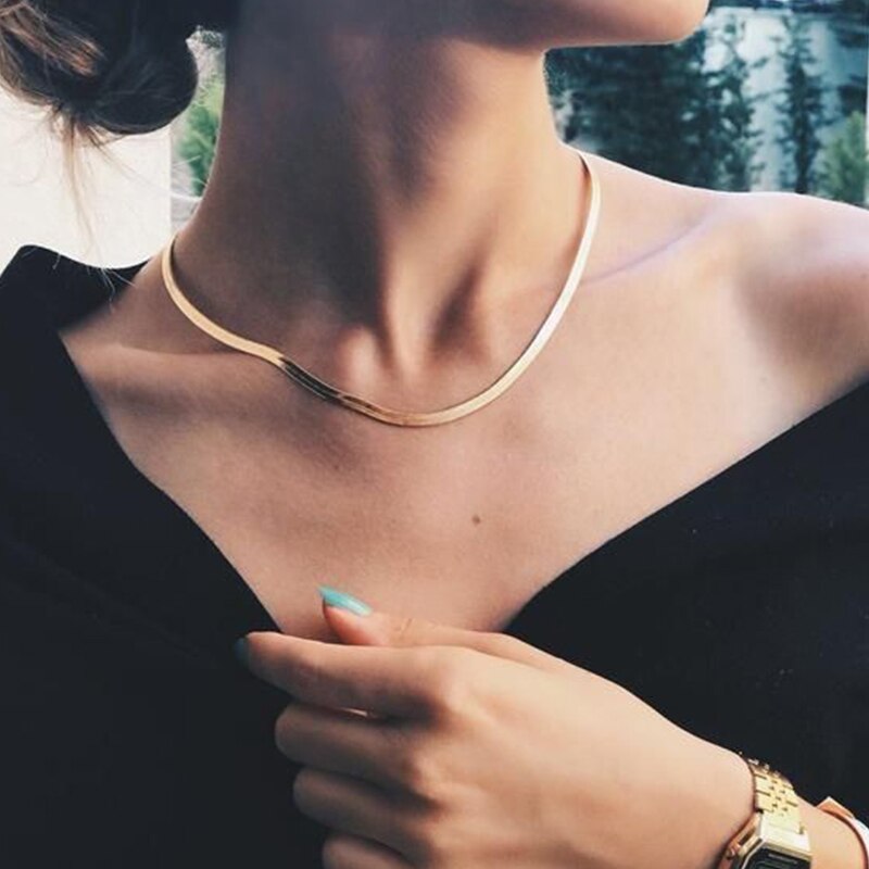 Punk Gold Flat Blade Chain Collar Choker Necklace Women Sexy Snake Chain Jewelry Gift