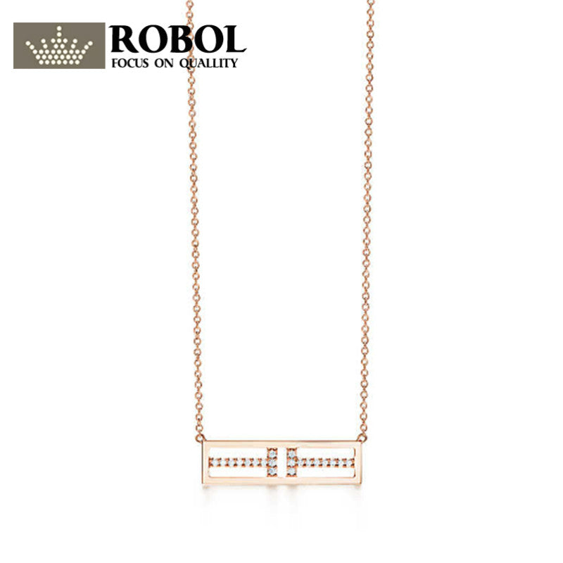 100% 925 Sterling Silver Glitter Cubic Zirconia T-shaped Pattern Lady Pendant Necklace Rose Gold Fashion Clavicle Chain