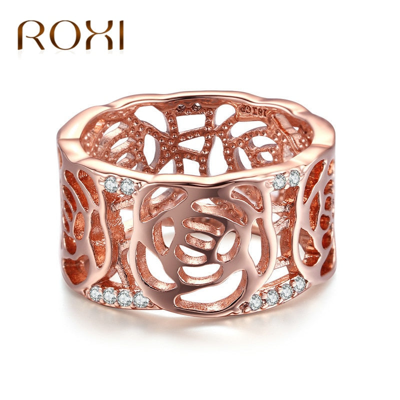 Anillos Double Hollow Design Flower Cubic Zirconi Ring Rose Gold Color Vintage Fashion Party Jewelry Rings For Women Gifts
