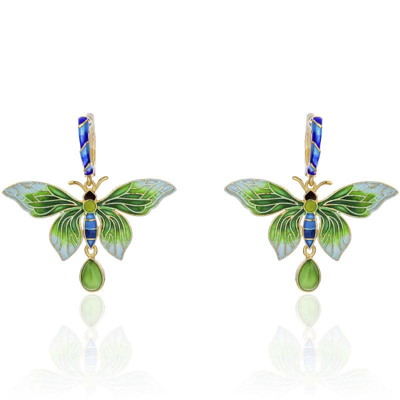 Real 925 Sterling Silver Earrings Long Large Butterfly Cloisonne Enamel Natural Jade Pendant Women Fashion Accessories