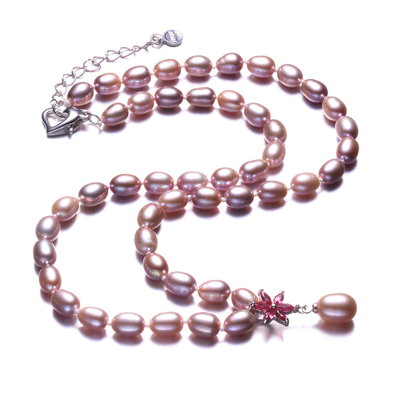 Real 925 Sterling Silver Necklace,White Natural Pearl Women Jewelry Necklace,Red Flower Zircon Beads Jewelry Necklace