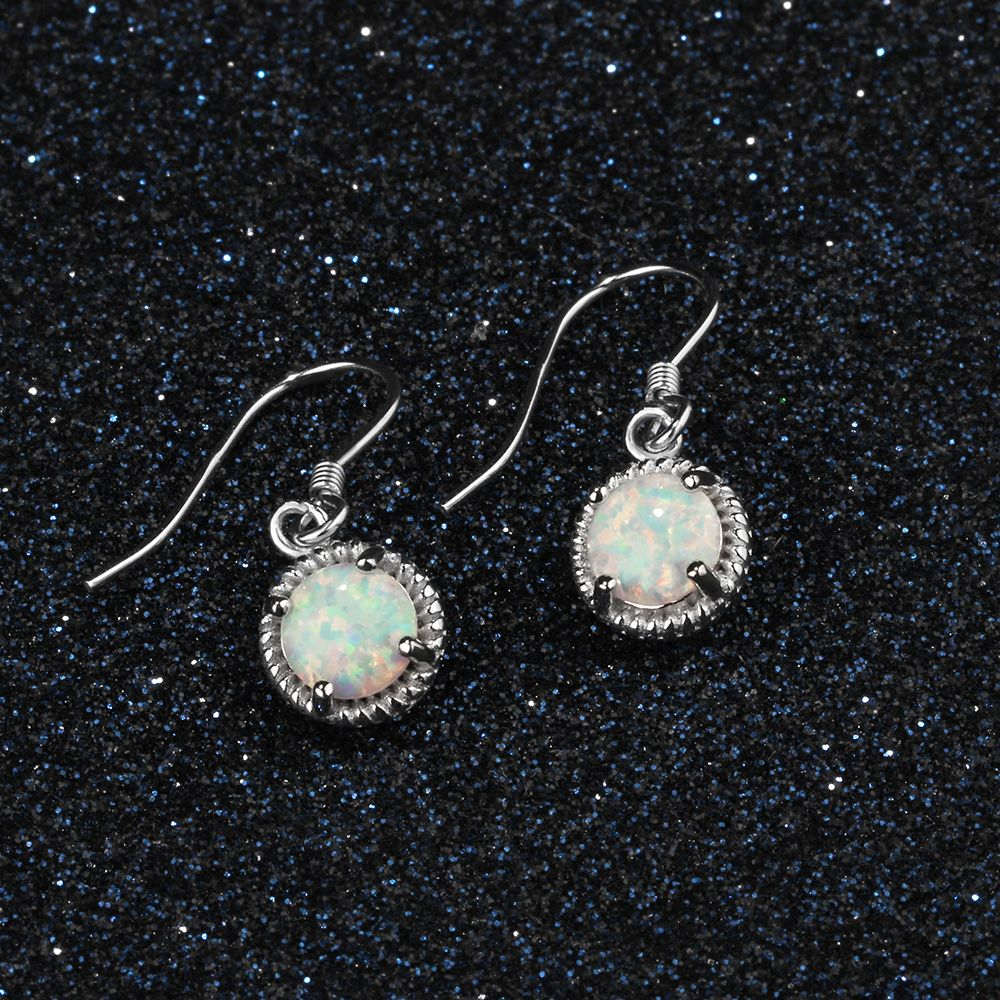 Real 925 Sterling Silver Round White Opal Drop Earrings Classic Dangle Earrings for Women Bridal Wedding Jewelry (Lam Hub Fong)