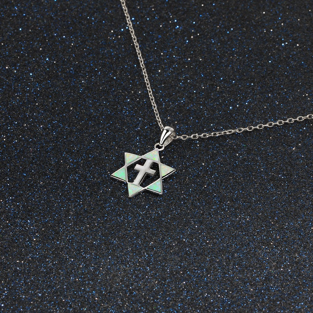 Real Pure 925 Sterling Silver Hexagram & Cross Pendant Necklace White Fire Opal Stone Fine Jewelry Accessories (Lam Hub Fong)