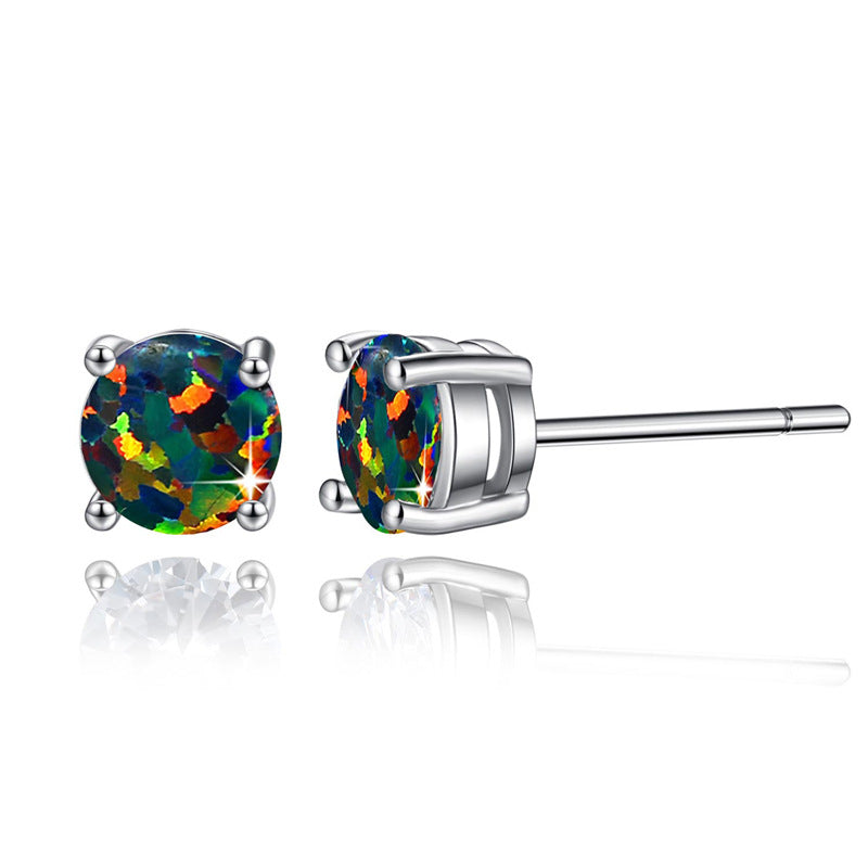 Real Pure Silver Stud Earrings For Women 4mm Oval Blue Opal Small Earrings Wedding Jewelry