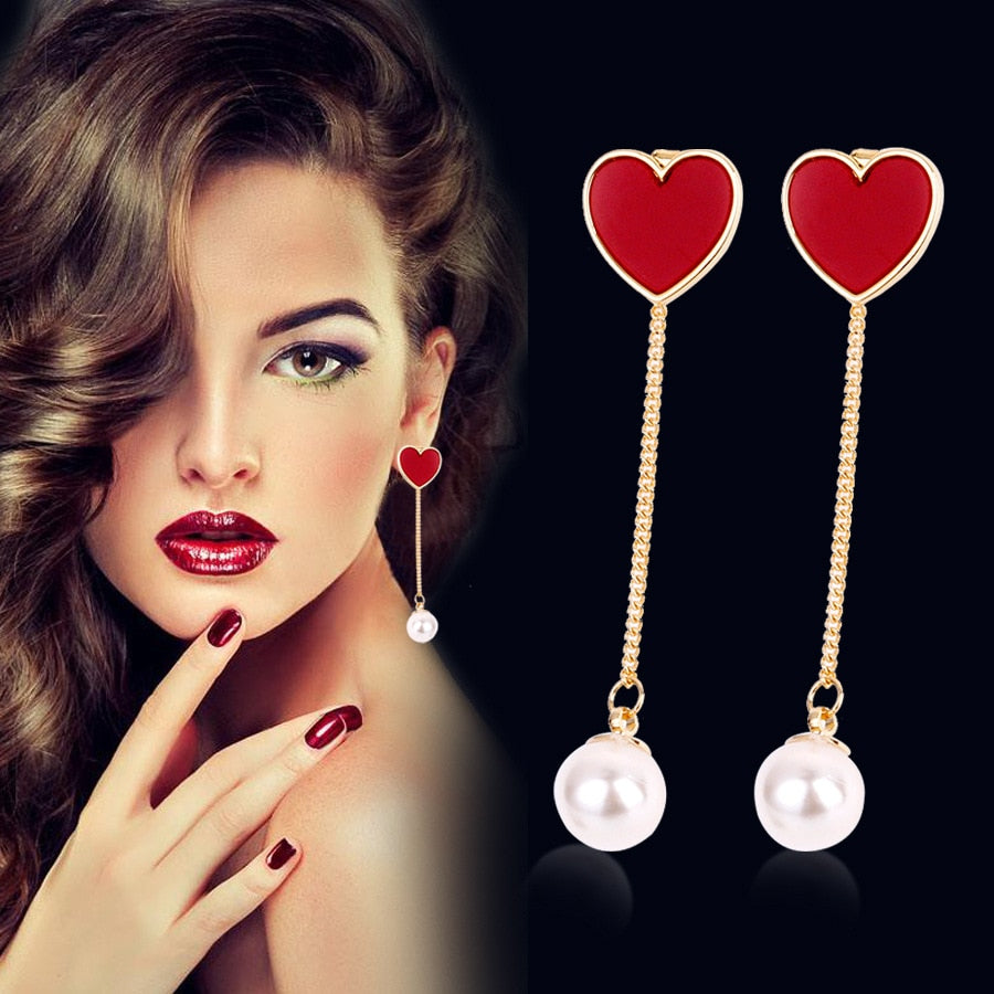 Red Heart Long Stud Earrings Women Artificial Pearls Fashion Brand Tiff Design Earrings Rose Gold Color Weddings Jewelry Gifts