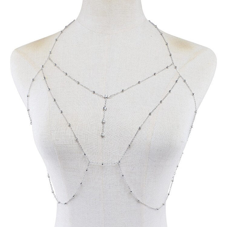 Rhinestones Tassel Body Chain Sexy Beach Gold Silver Color Wedding Accessories Bra Cross Body Chain Jewellery for Women