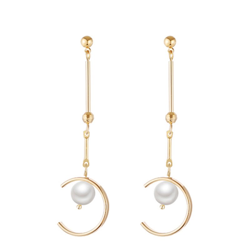 Personality simple semi-circular pearl earrings temperament long earrings super fairy pendant earrings female