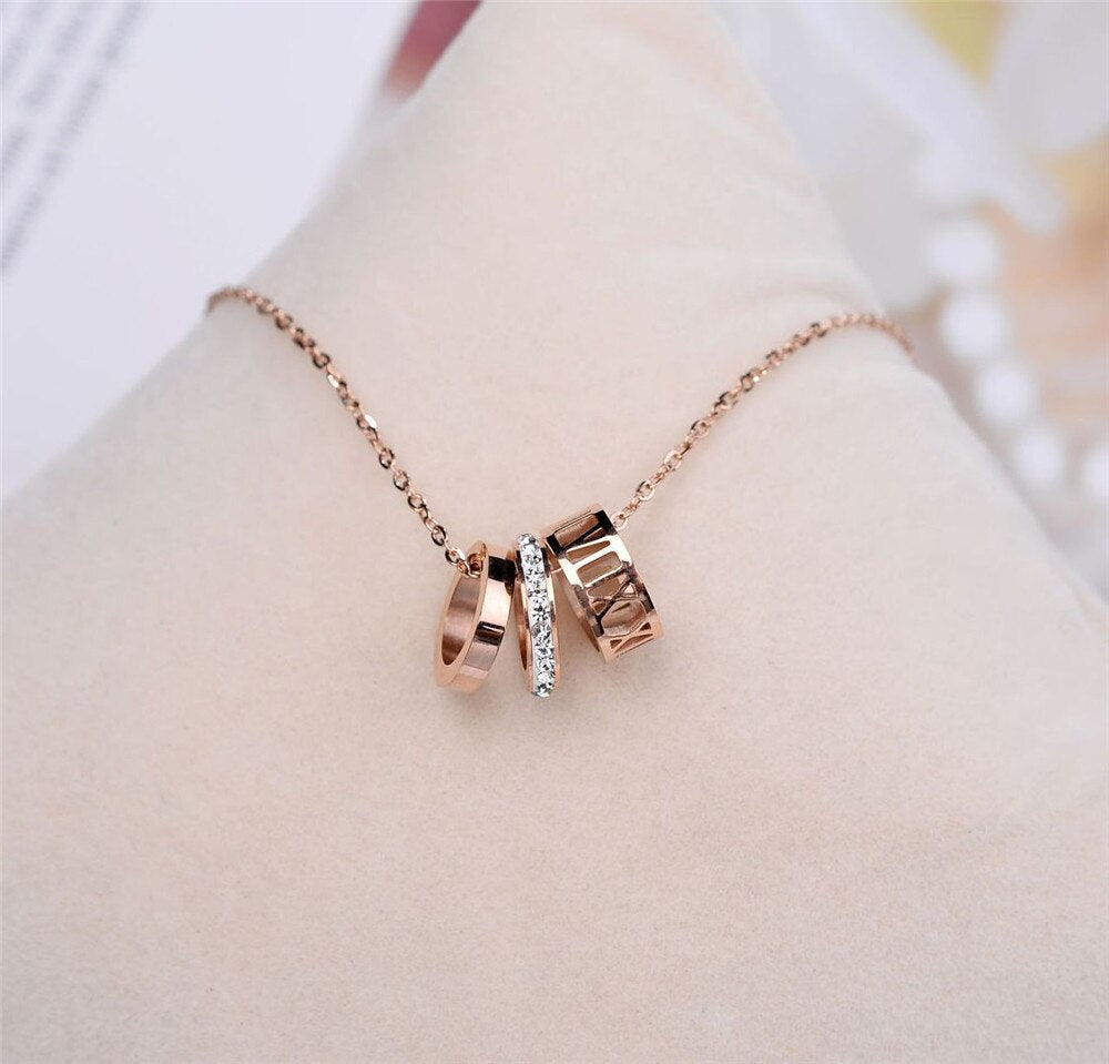 Roman Numerals Titanium Steel Women's Necklace Colorless Rose Gold Three Circle Crystal Zircon Wedding Necklace