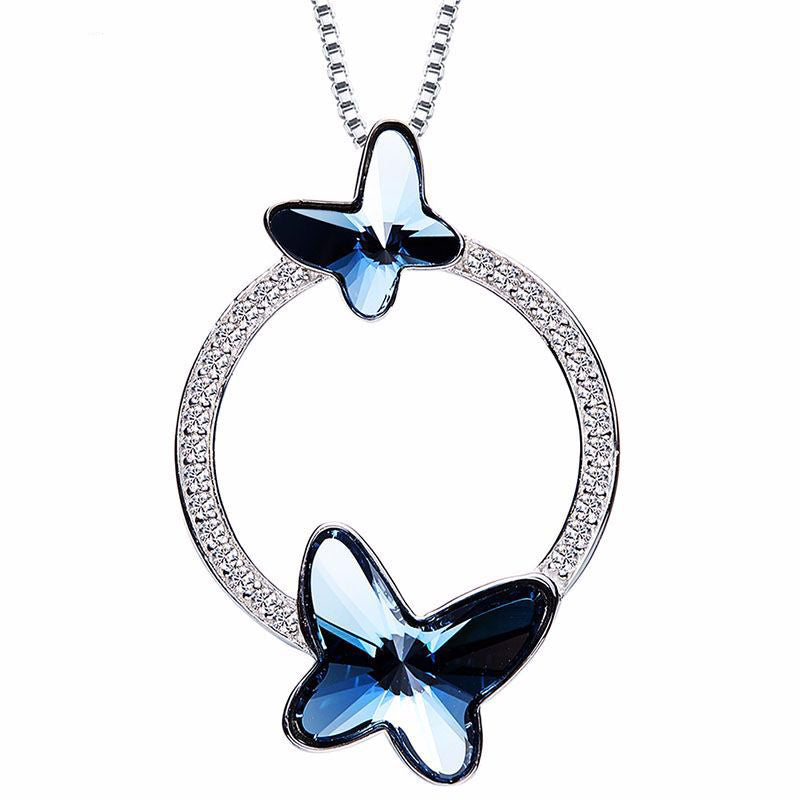 Romantic 925 Sterling Sliver Austria Crystal Charm Necklaces Glaring Circle Round Butterfly Design For Women Jewelry Gift zk40