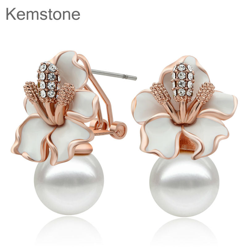 Rose Gold Color Simulated Pearl Earrings Woman Flower Stud Earrings with Austria Rhinestone