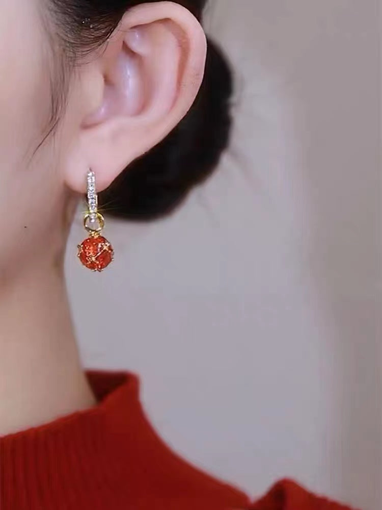 Korean Design Jewelry 14K Gold Plated Orange Zirconium Ball Pendant Earrings Elegant Women's Daily Work Accessories