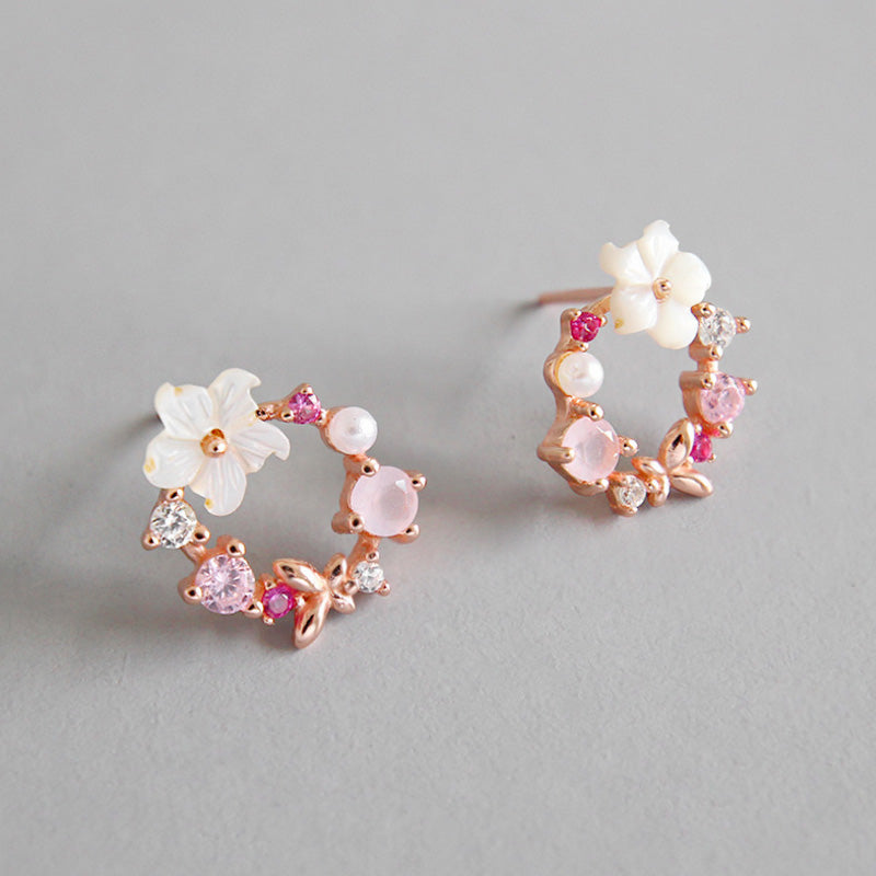 S925 Pure Silver Luxury Zircon Pearl Shell Crystal Sweet Wreath Earrings For Women Allergy-proof Romantic Jewelry