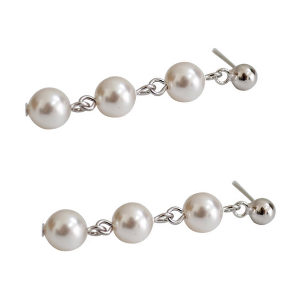 S925 Silver Black and White Pearl Long Earrings Three Pearls Earrings