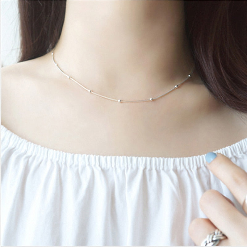 S925 Sterling Silver Simple Handmade Snake Bone Chain Beads Necklace