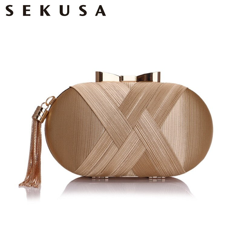 SEKUSA Bow Metal Women Day Clutches Tassel Luxurious Lady Evening Bags Small Party Wedding Bridal Chain Shoulder Handbag
