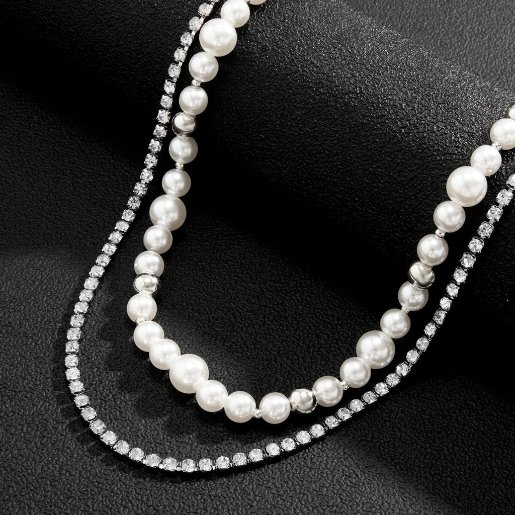 SHIXIN Punk Layered Pearl Beads Choker Necklaces Set for Men Women Shiny Rhinestone Chains Necklaces on the Neck Jewelry