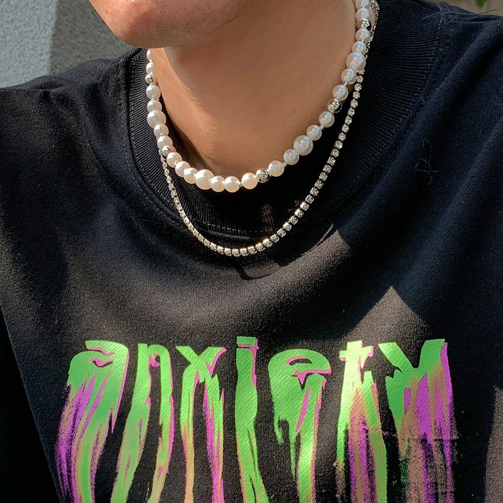 SHIXIN Punk Layered Pearl Beads Choker Necklaces Set for Men Women Shiny Rhinestone Chains Necklaces on the Neck Jewelry