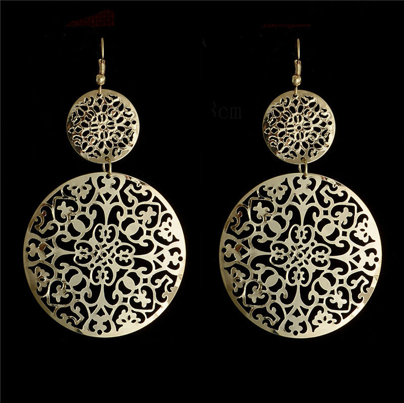 2 Color Double Round Hollow Gold Color Long Drop Earring For Women Vintage Bohemia Jewelry Brincos Femme