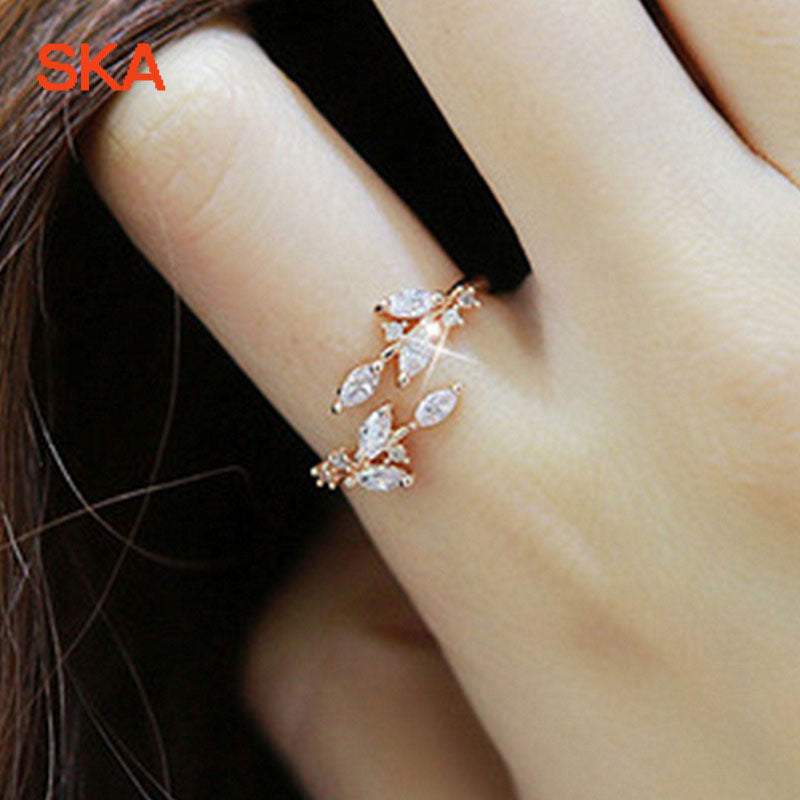 Brand Fashion Women Ring Finger Jewelry Adjustable Rose Gold/Sliver/Gold Color Leaf Cubic Zirconia Wedding Rings JJZ237