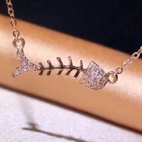 Cute Fish Bone Pendant Necklaces For Women Real 18K Au750 Rose Gold 0.08CT VS G Natural Diamond Fine Jewelry Party Gift