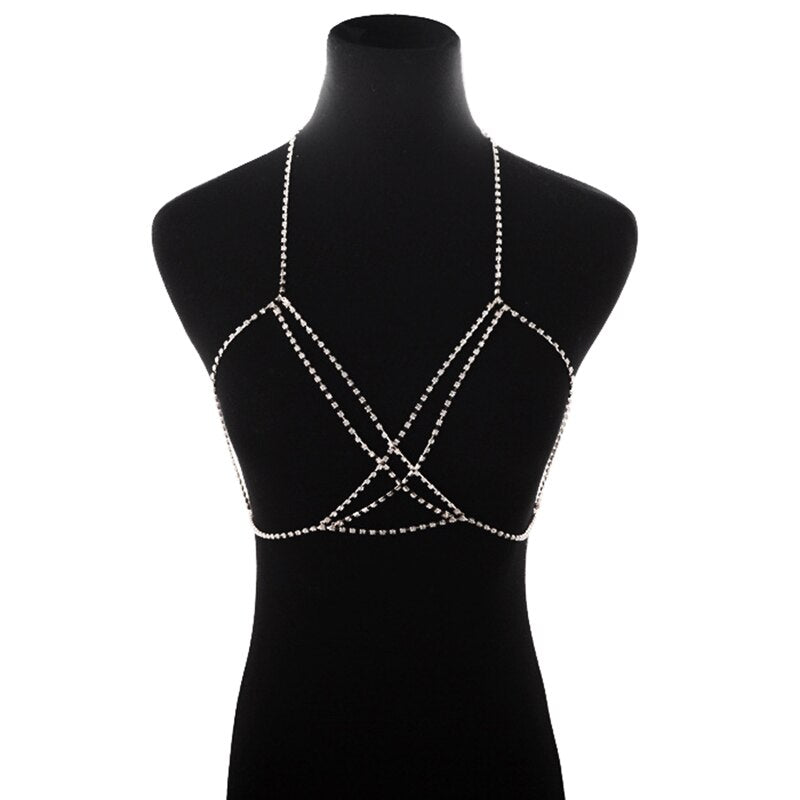 Sexy Rhinestone Body Chain for Women Boho Jewelry Cross Chest Chain Shining Crystal Party Wedding Chest Decoration Accessory