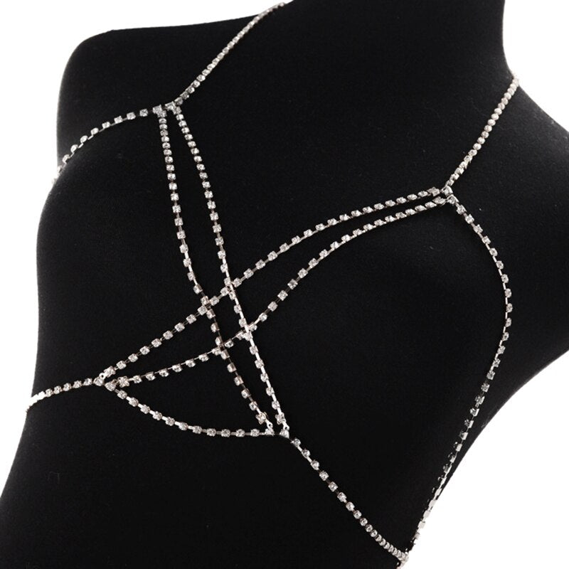 Sexy Rhinestone Body Chain for Women Boho Jewelry Cross Chest Chain Shining Crystal Party Wedding Chest Decoration Accessory