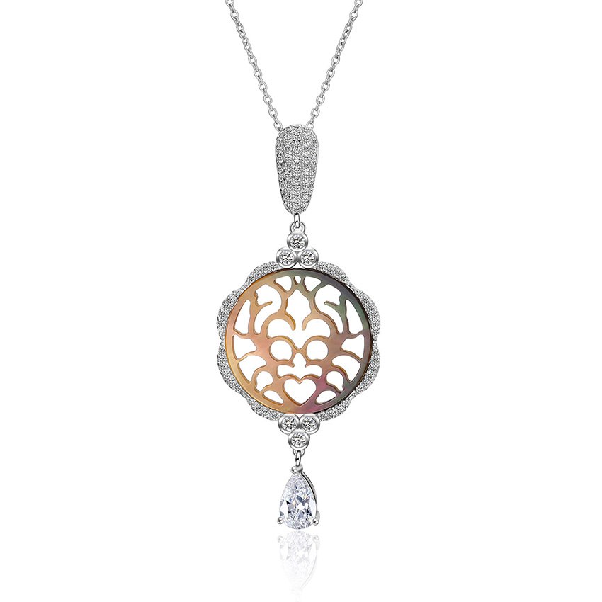 Elegant Round Circle Hollow Flower Pendants Necklaces with Water Drop Zirconia for Women 925 Sterling Silver Jewelry