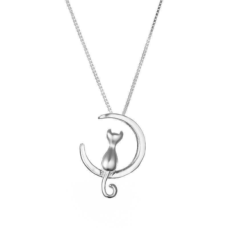 Lovely Moon&Cat Pendant Cute Anime Kitty Necklaces For Women Party Choker Collar 925 Sterling Silver Jewelry Girl Gift