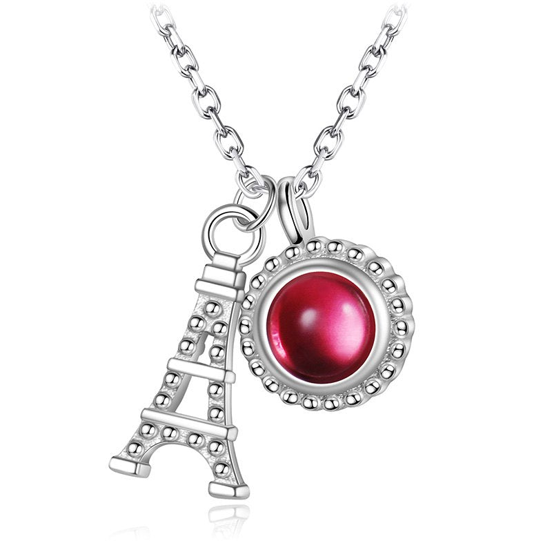 Romantic 925 Sterling Silver Statement Necklace Jewelry Round Opal with Eiffel Tower Necklaces & Pendants for Women