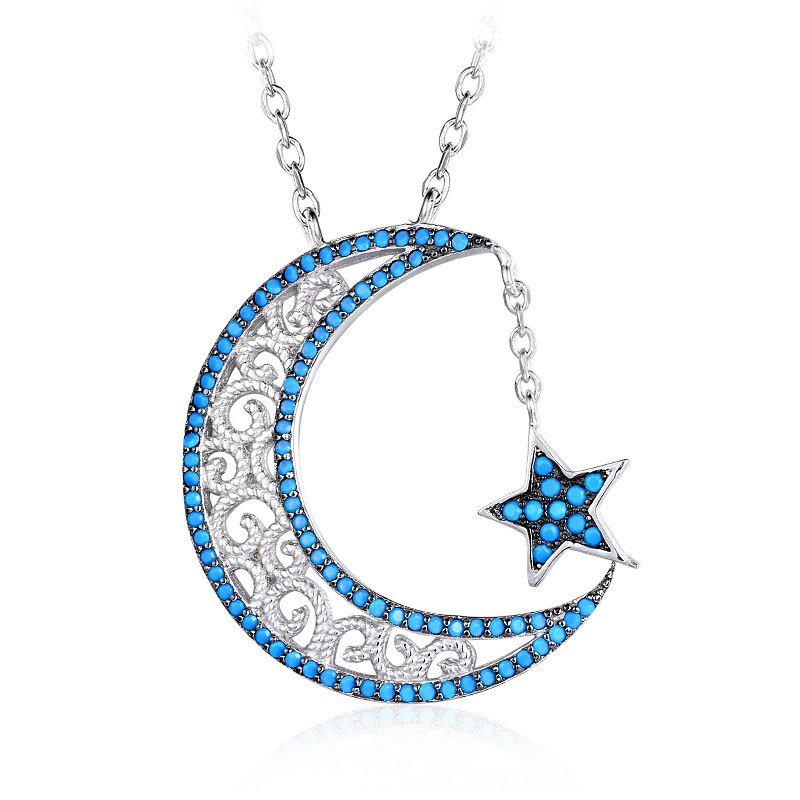 Vintage Blue Beads Moon Star Carved Hollow Pendant Necklace For Women Valentines Gift 925 Sterling Silver Fine Jewelry