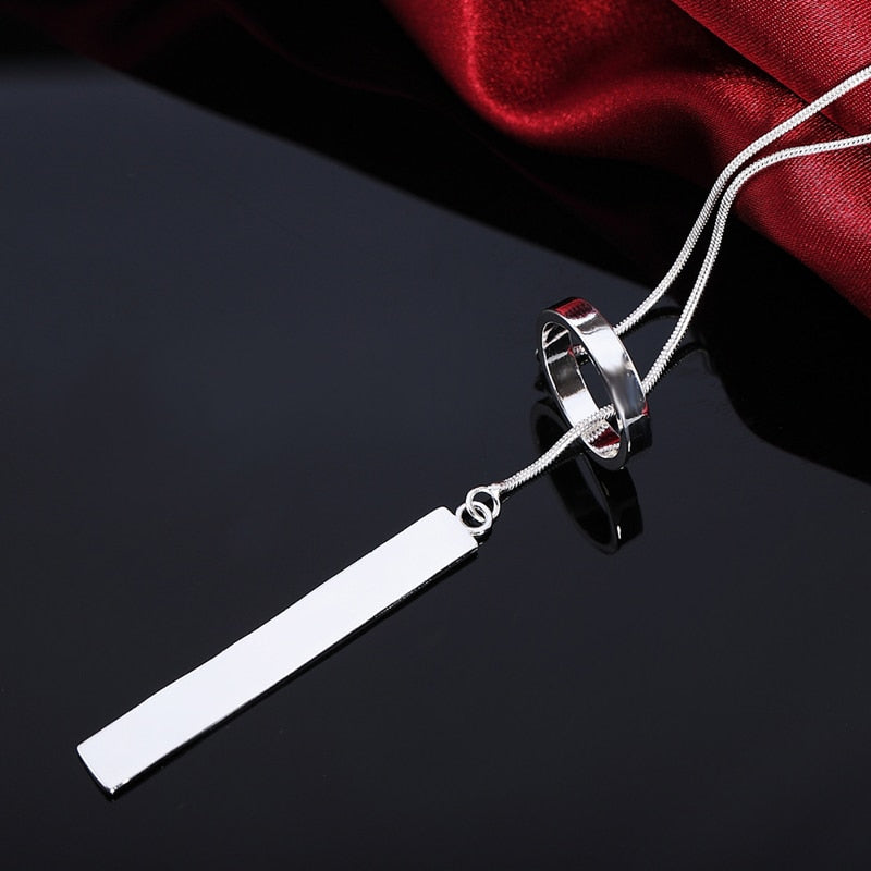 Silver 925 Long Circle Bar Pendants Necklace Chains For Women Valentine's Gift Jewelry
