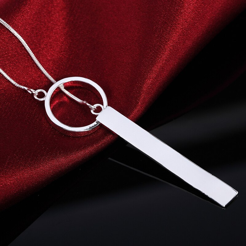 Silver 925 Long Circle Bar Pendants Necklace Chains For Women Valentine's Gift Jewelry