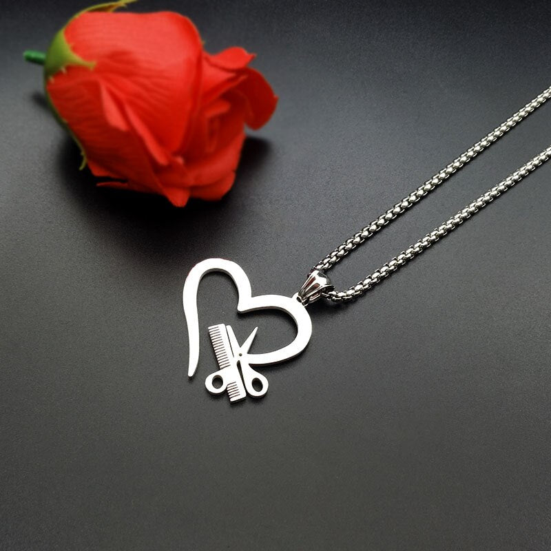 Silver Color Heart Love Jewelry Necklace Tools Scissor Comb Pendants Necklace Barber Shop Hair Dresser Present Necklace Collar
