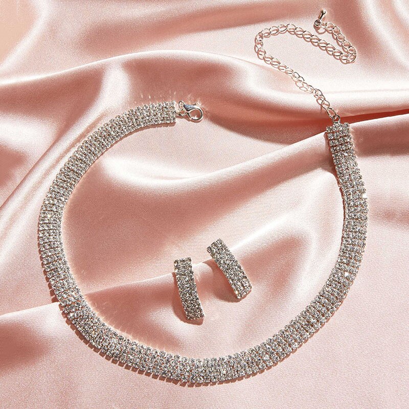 Silver Crystal Stud Earrings Necklace for Women Wedding Bridal Jewelry Sets Full Rhinestone Neck Collar Necklace and Earrings