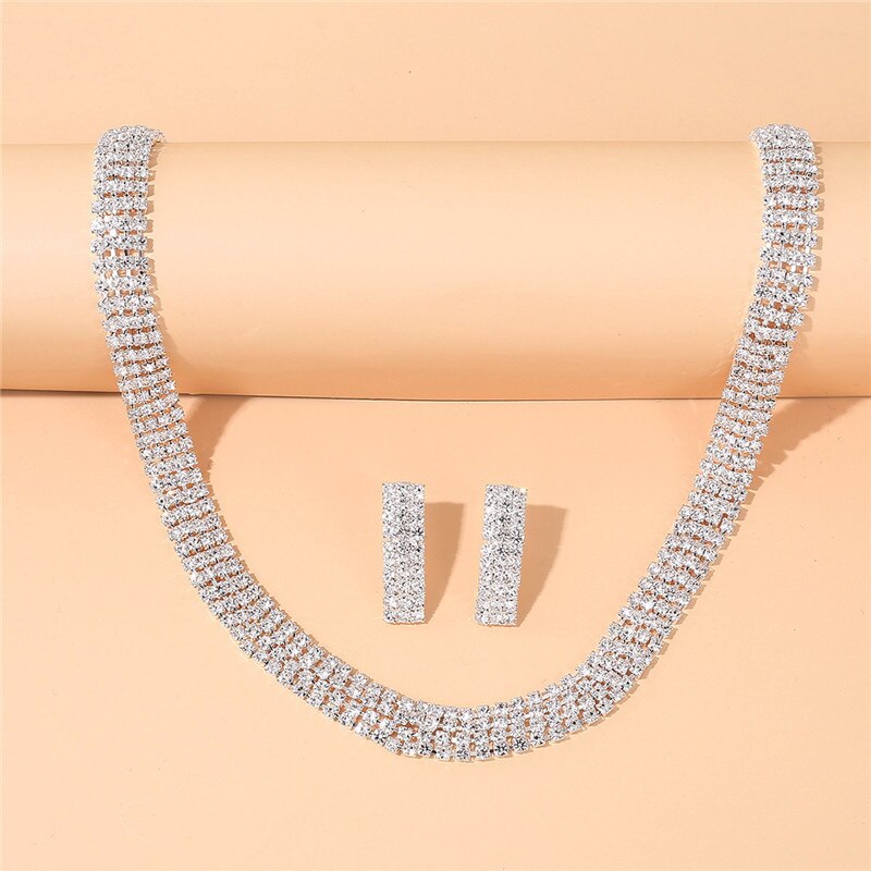 Silver Crystal Stud Earrings Necklace for Women Wedding Bridal Jewelry Sets Full Rhinestone Neck Collar Necklace and Earrings